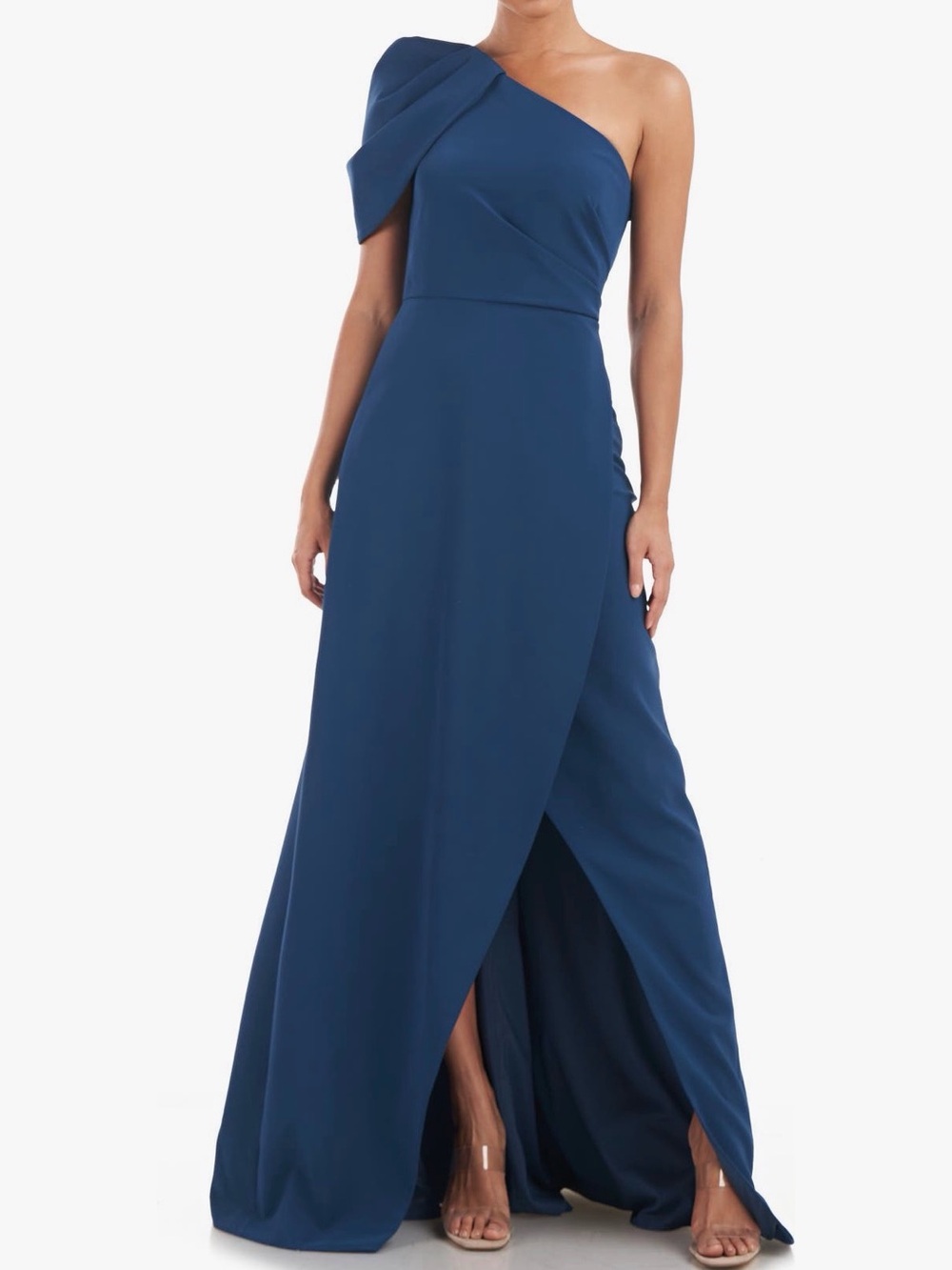 Kay Unger One-Shoulder Peacock Blue Evening Gown